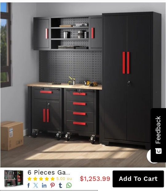 6 Pieces Garage Cabinet & Storage System Set 81.5" Tool Organization Work Bench Pegboard Shelf Box Black Red