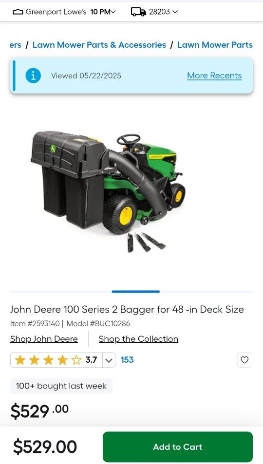 JOHN DEERE Lawn Mower Bagger System (For 100 Series Tractors)