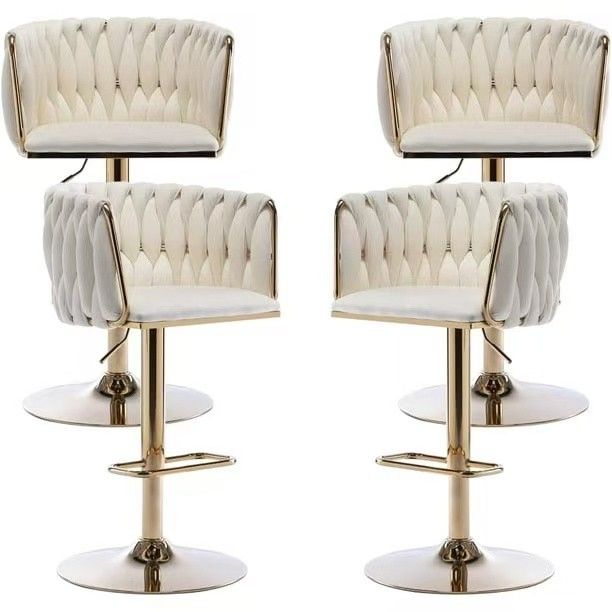Velvet Bar Stools Set of 4 Luxury Upholstered Bar Chairs with Woven Back & Footrest Adjustable Counter Height Bar Chairs for Cafe Pub Bar Counter