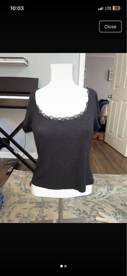 Black Ribbed Crop Top with Lace Neckline