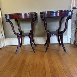 Pair of Antique End Tables - Wood With leather Tops Mahogany Color