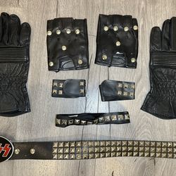KISS Studded Belt & Leather Gloves Punk/Rock Bundle