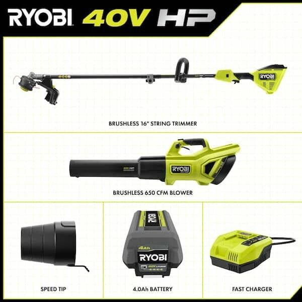 RYOBI 40V HP Brushless 650 CFM 160 MPH Cordless Leaf Blower and Carbon Fiber String Trimmer with 4Ah Battery and Charger

