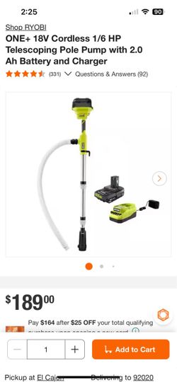 Shop RYOBI ONE+ 18V Cordless 1/6 HP Telescoping Pole Pump with 2.0 Ah Battery and Charger