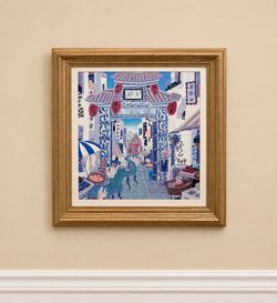 Framed Asian Chinatown Market Artwork with Ornate Gold Frame 24 x 22