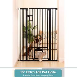 No Pawblems 55" Extra Tall Pet Gate with Adjustable Cat Door, 29-43" Auto Close Dog Gate, NO Drilling Pressure Mounted for Doorways/Hallways, 1.37" Na