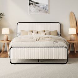 Queen Size Cream Corduroy Arnasia Bed Frame
