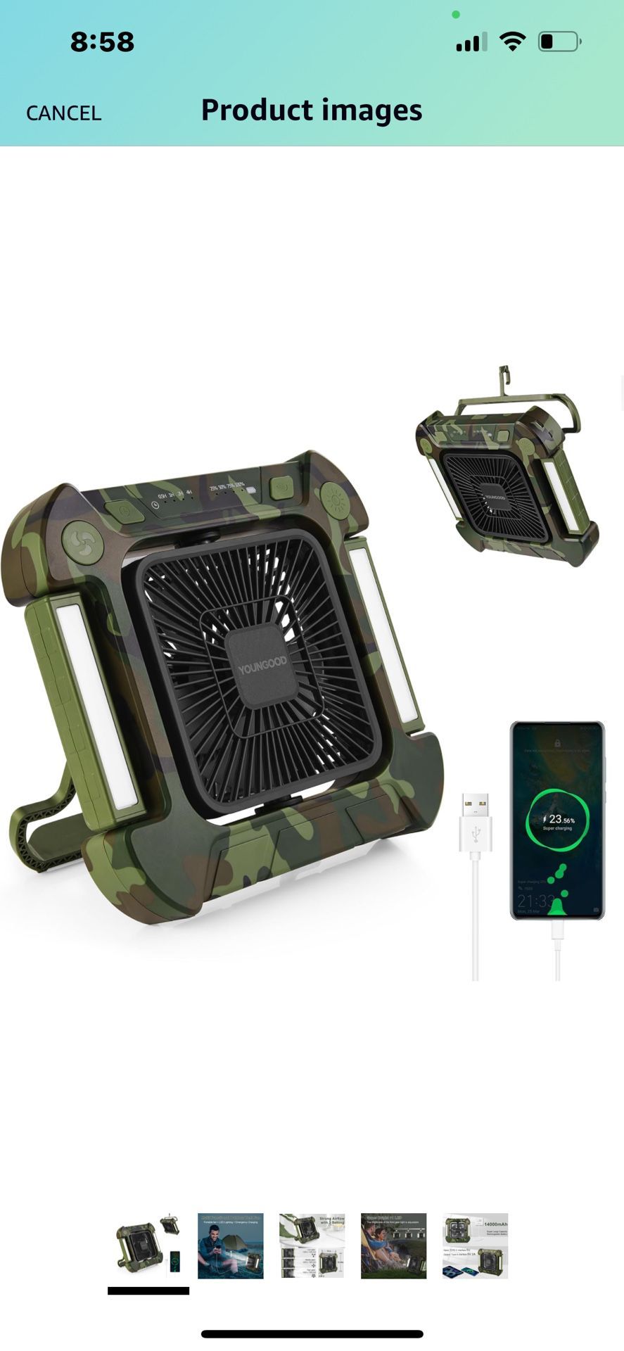 YOUNGOOD Camping Rechargeable Fan With Light, 14000mAH USB Portable Battery Operated Fan for Outdoor Tent Table Desk Fan with 3 Speeds