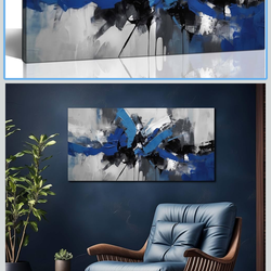 Large Abstract Wall Art for Living Room Canvas Wall Art Blue Black and White Pictures Wall Art for Living Room Bedroom Office Bathroom Kitchen Modern 