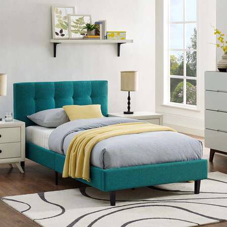 Twin teal fabric upholstered bed