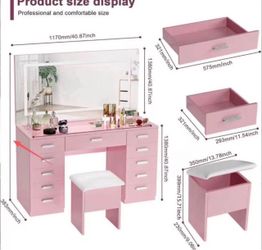 Pink Vanity Desk Set with Mirror and Stool