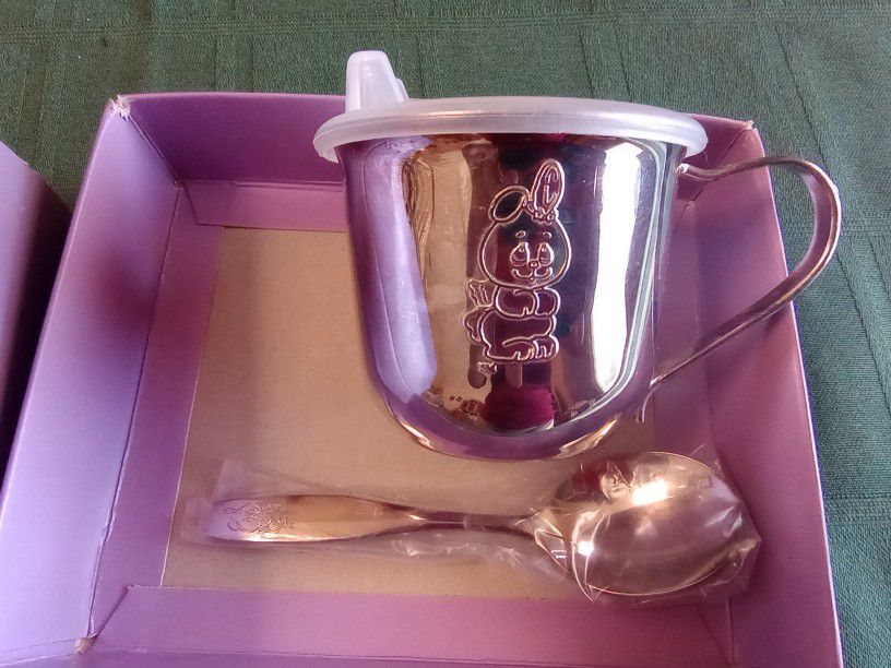 Vintage Angel Bunny Silver Plated Sippy Cup And Spoon 