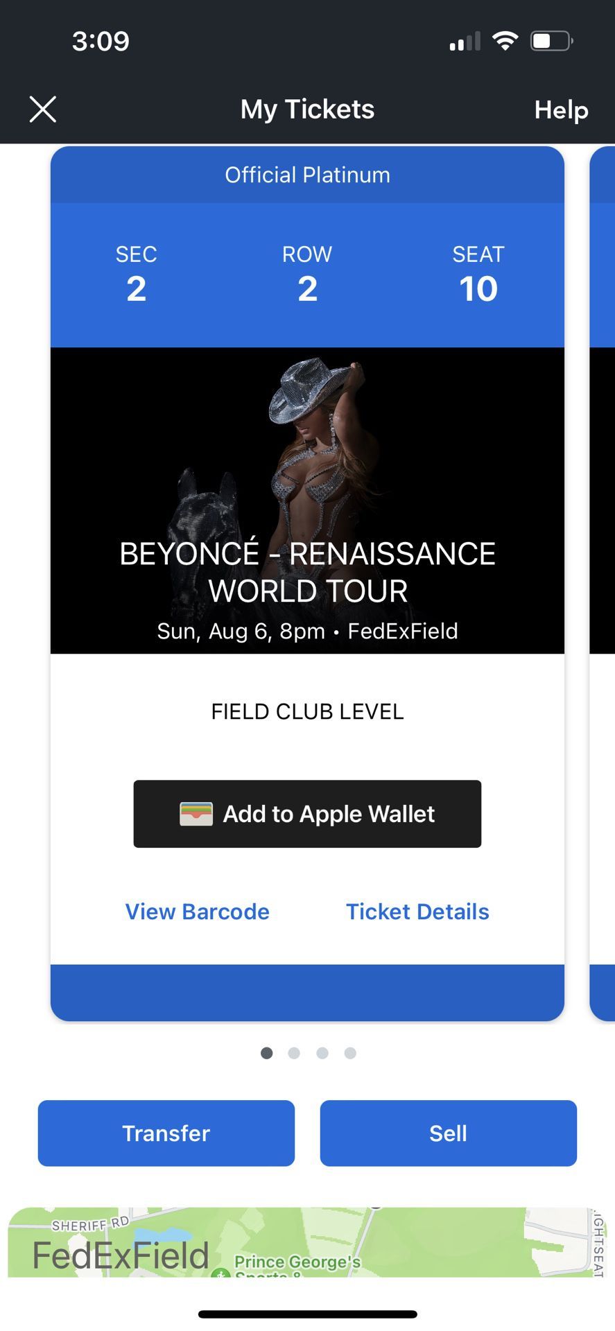 2 Beyonce Tickets FedEx FIELD CLUB LEVEL DREAM SEATS SEC 2 ROW 2