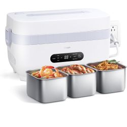 110V Plug-in Multi-Function Electric Cooling Lunch Box with 5.5-Cup Automatic Heating Portable Food Warmer with Removable Tray Divider for Office Work