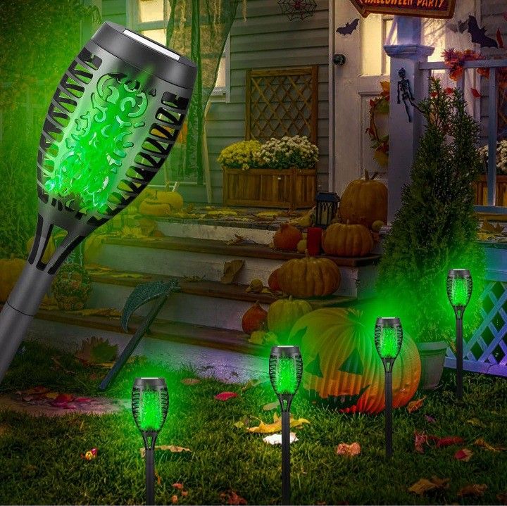 New Yard Flickering Flame 🔥 Solar Powered Torch Lights Halloween Decor. Green Or Purple $4 Each.