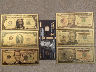 Various 24K Plated Us Money Bills $1, $2, $5, $10, $20, $50, $100