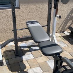 Standard Adjustable Bench And Rack Combo With Barbell And 200  Pounds For 300 Firm 