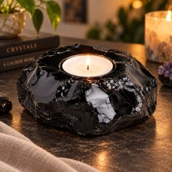 “Natural Black Obsidian Crystal Tea Light Holder 🔮🕯️”.