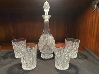 Vintage Hand-Cut Crystal Liquor Decanter Set with 4 Matching Tumbler Glasses - Pinwheel & Starburst Pattern