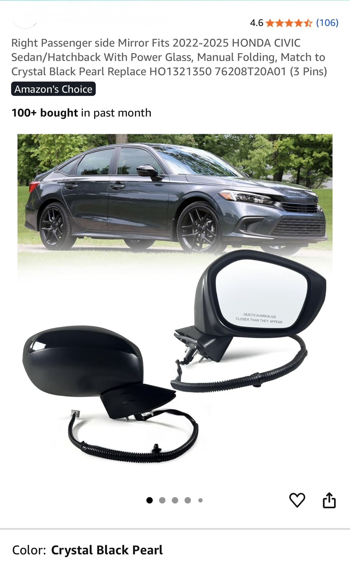 Right Passenger Side Mirror Fits 2022-2025 Honda Civic