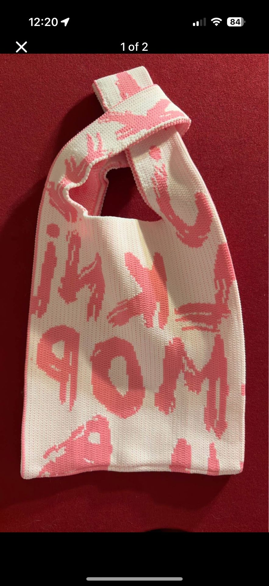 Knit Mini Tote Bag โ Pink & White Graphic Print