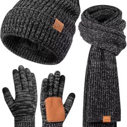 Women Beanie Scarf Gloves Headband Set, Chenille Winter Hats Fleece Lined Ear Warmer Knit Scarf Touchscreen Gloves 4 Gift Set