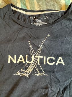 VINTAGE Nautica Shirt Mens 2 XLBlue Spell Out Logo Sail Boat Graphic Tee