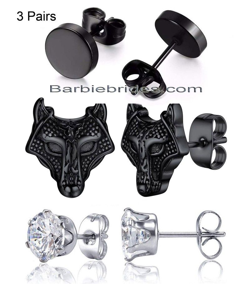 1Pair Norse Viking Wolf Head Studs 1Pair Black Flat Studs 1Pair Silver CZ Studs Men Women Earrings