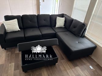 Black Leather Sectional + Storage Ottoman