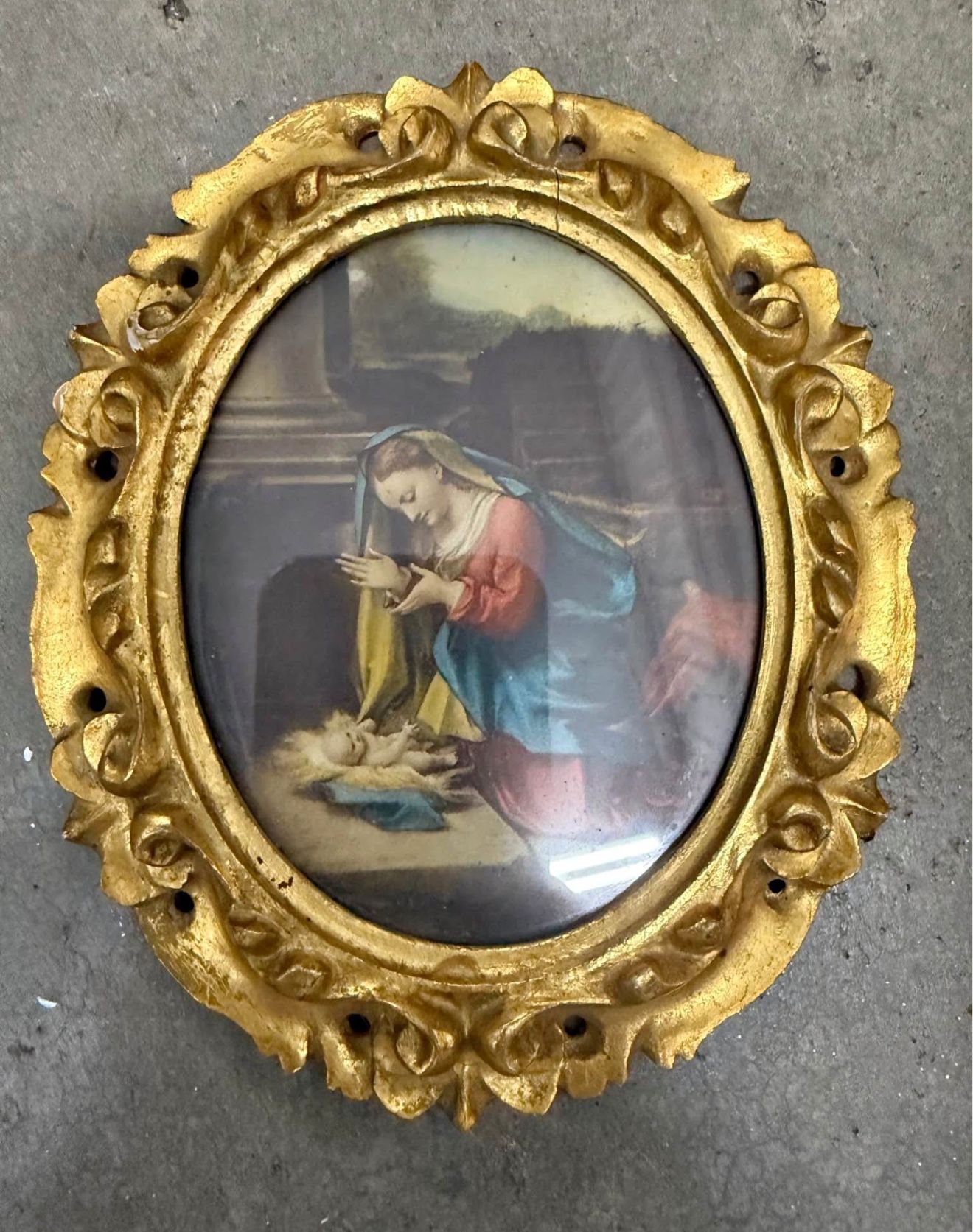 19th-century Florentine miniature painting of the Madonna and Child in a gilded frame.