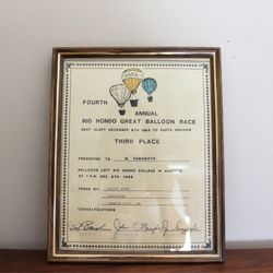 Framed Certificate from the Fourth Annual Rio Hondo Great Balloon Race (1985) Vintage