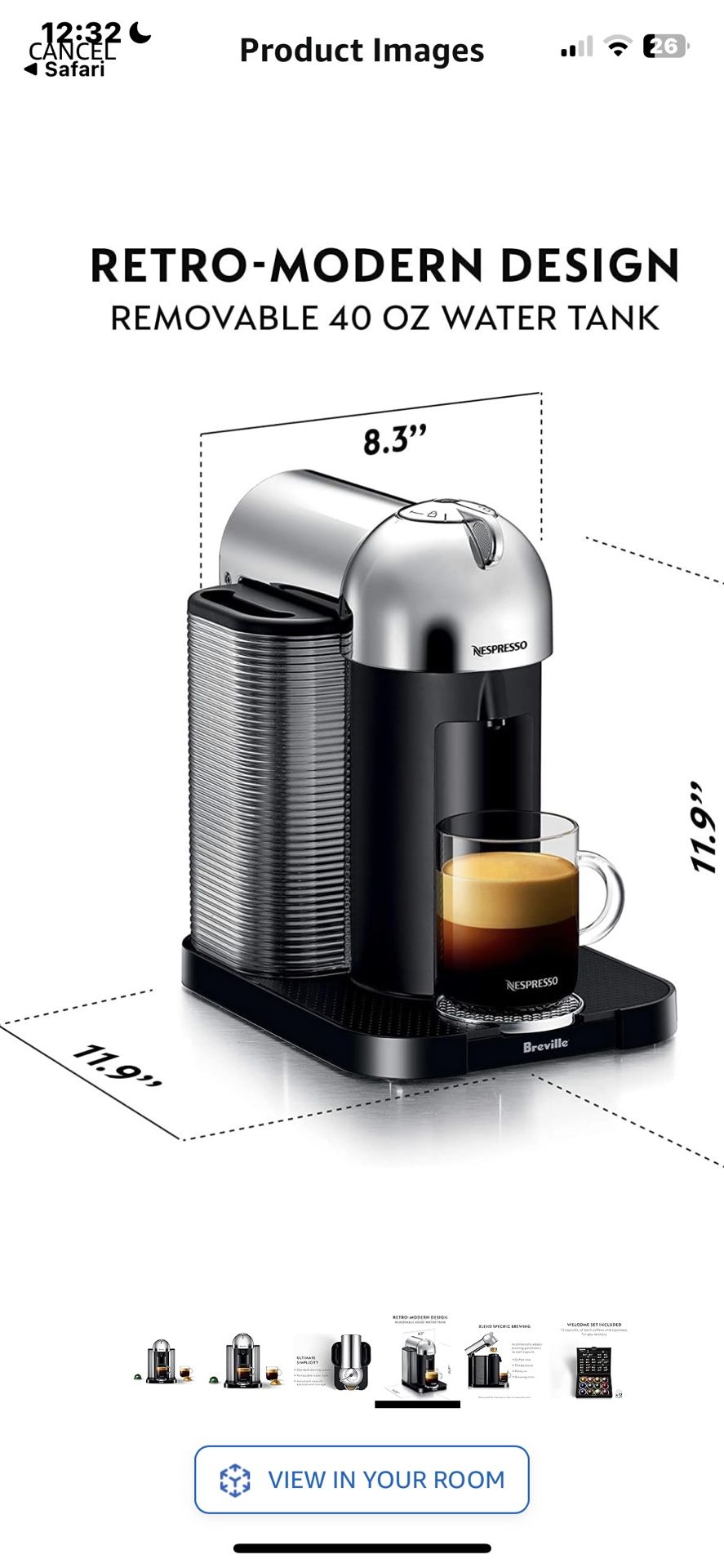 Nespresso Vertuo Coffee and Espresso Machine by Breville,5 Cups, Chrome