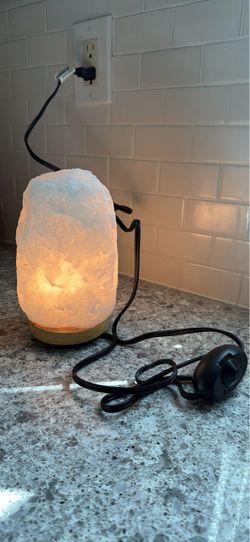 White Himalayan Salt Lamp with Wood Base