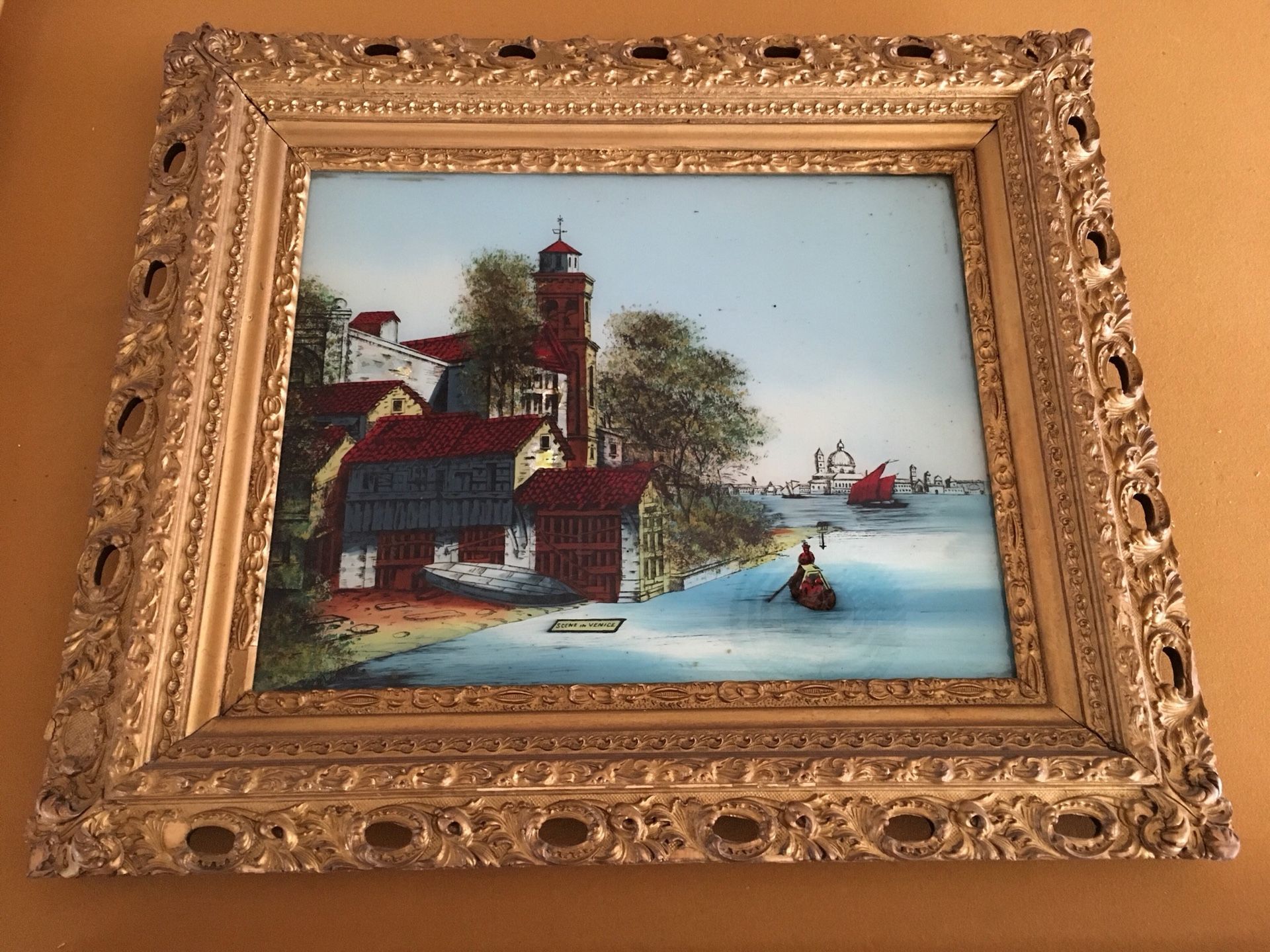 Vintage Reverse Glass Painting of Venice in Ornate Gilt Frame!