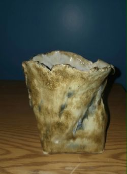 Rustic Handcrafted Ceramic Planter/Vase - Wavy Rim, Brown Glaze, Signed