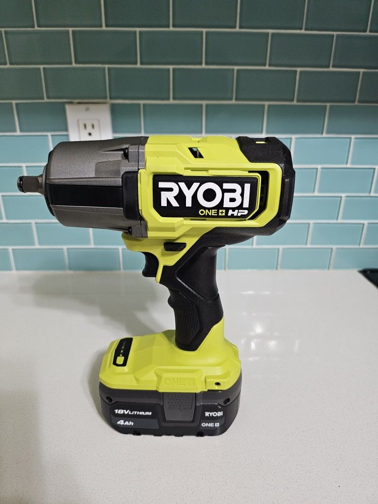 RYOBI ONE HP IMPACT WRENCH BRUSHLESS 18V 4 MODE 1/2 1,170 FT LBS. BREAKAWAY TORQUE & 18V LITHIUM-ION 4AH BATTERY BRAND NEW NEVER USED