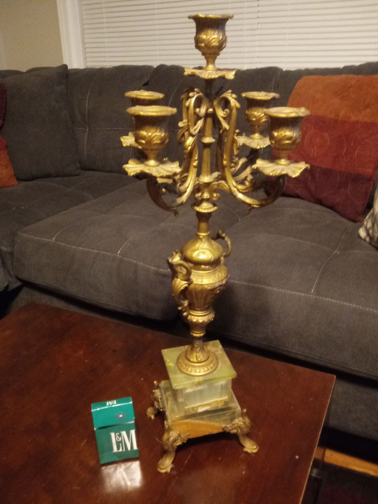 Antique brass and green marble candle opra