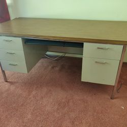 Vintage G.F. Steel Desk With Teak Veneer Top 