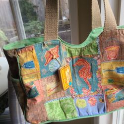 Andrea Tachiera Beach Bag Tote Summer Fun Seahorse Seashell Shovels Pail Bucket