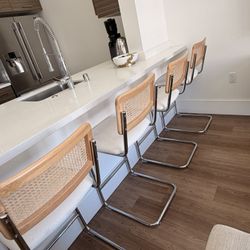 Natural Rattan Counter Height Stools Set of 4 with Solid Wood Back, 24 Inch