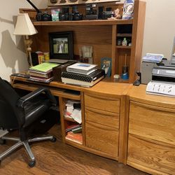 Oak Wood Desk W/filing Cabinet & Leather Chair