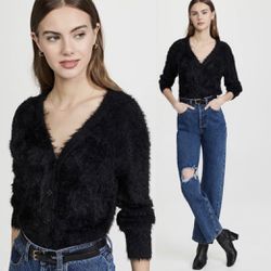 Halogen soft fuzzy textured black cardigan sweater Size Medium