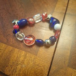 Vintage Blue & Red Glass Bead Single Strand Bracelet 
