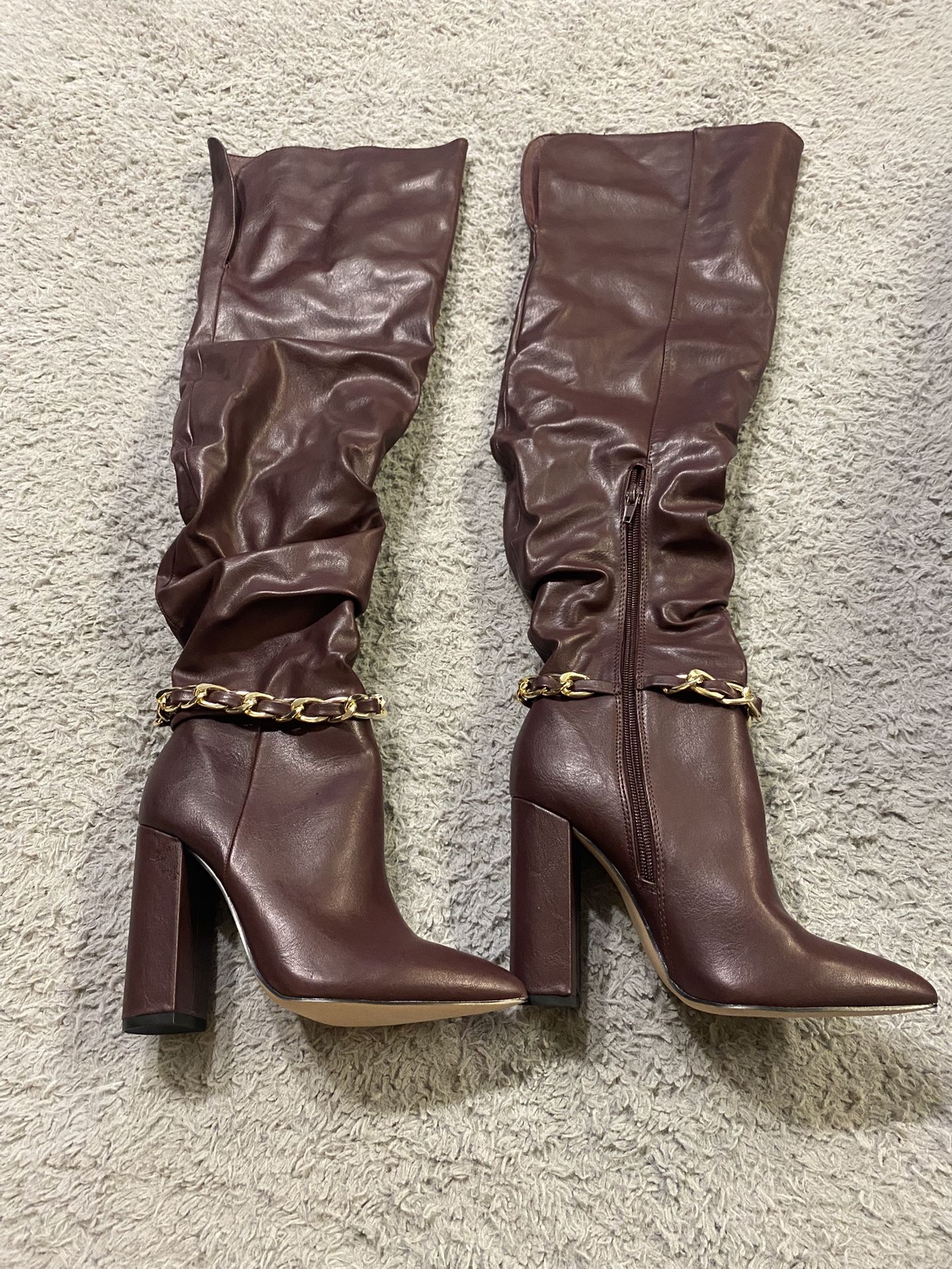 ShoeDazzle Bordeaux Thigh High Boots with Gold Chains - Woman’s Size 5.5