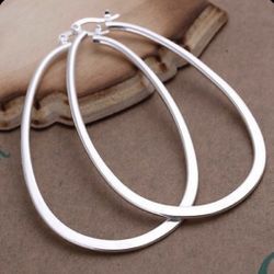 925 Sterling Silver Large Flat Hoop Earrings 