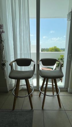 Two Bar Stool. 29.5” h, minimalist & modern. Upholstery Beige fabric & Bamboo wood.