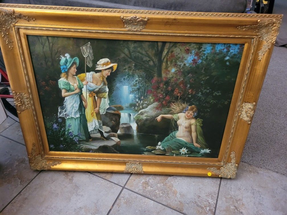 VINTAGE ART FRAMED FRENCH GOLD CANVAS PAINT VICTORIAN LYALL