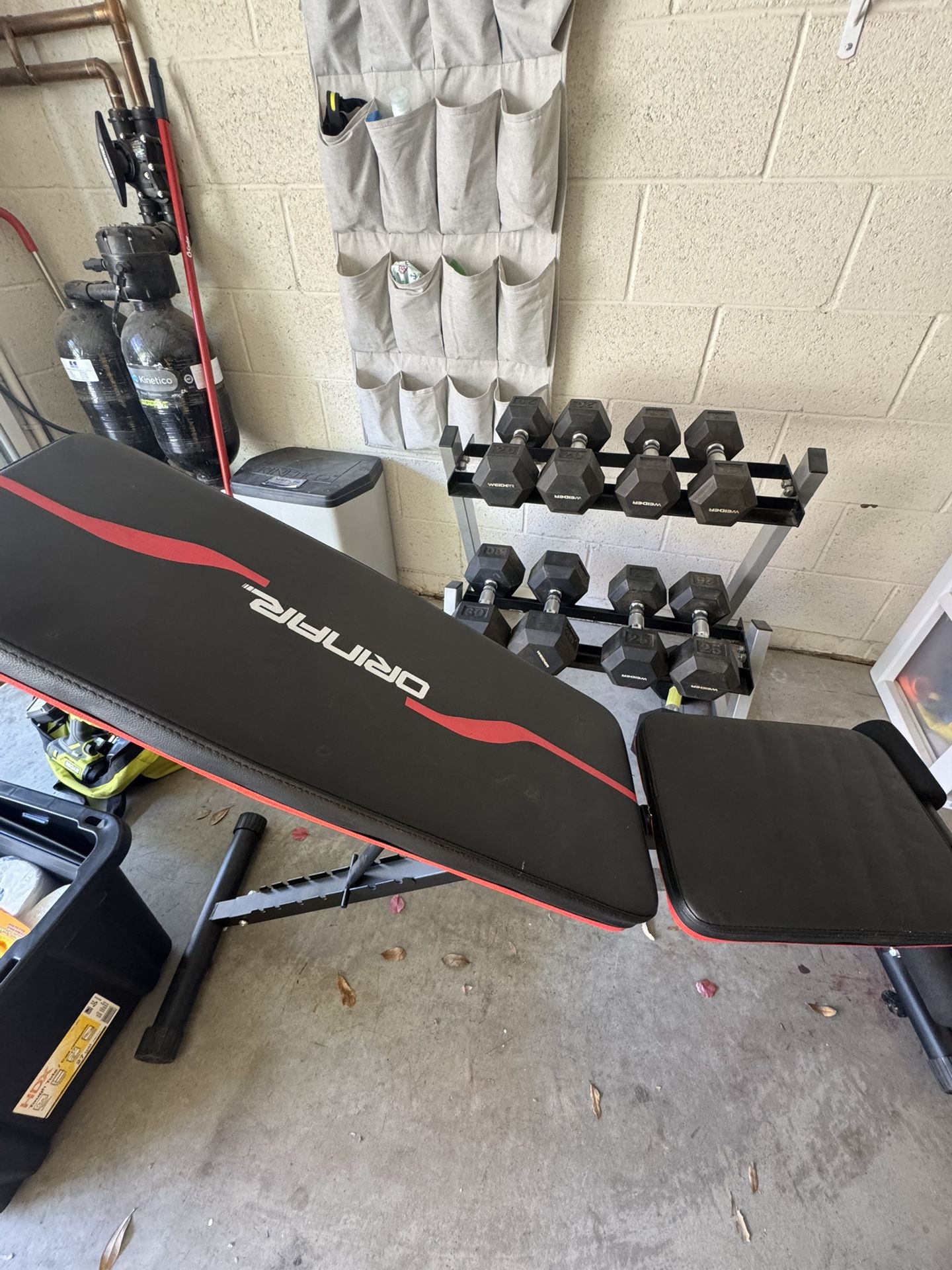 Adjustable Weight Bench + Weights + Rack