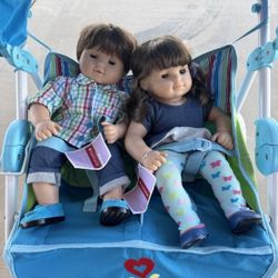 American Girl Bitty Baby Brunette Girl & Boy Twin Dolls W/Stroller