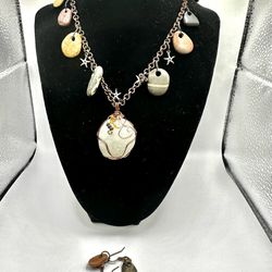 15" Beaded Natural Jasper and Ocean Stone Pendant Necklace and Earrings